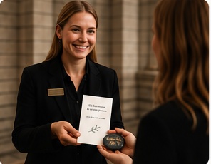 En person överlämnar Minnesstenen tillsammans med ett kort.