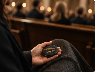 Minnesstenen hålls i handen under en ceremoni.
